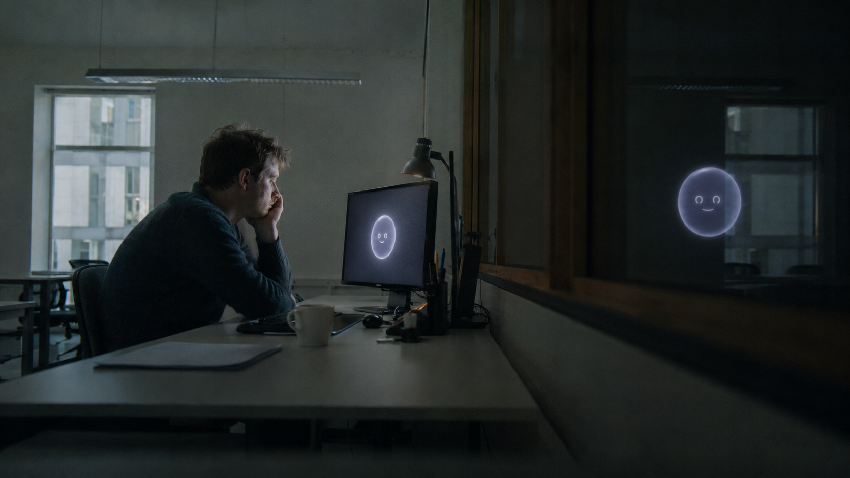 Et halvmørkt kontor tidligt om morgenen, hvor en person sidder ved to skærme med et køligt, blåt assistentansigt på den ene.
