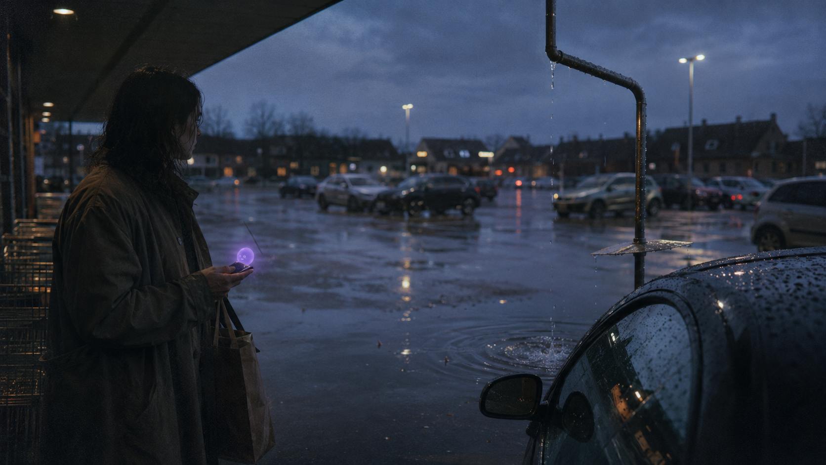 En våd parkeringsplads i skumringen, hvor en person står med telefonen, og OPPA lyser i hånden.